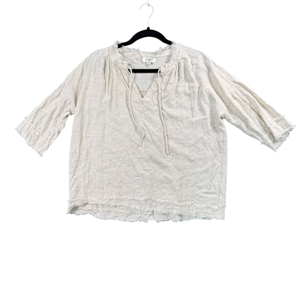 Umgee USA Beige Linen Blend Tie Neck Top Women's‎ S Cottagecore Boho